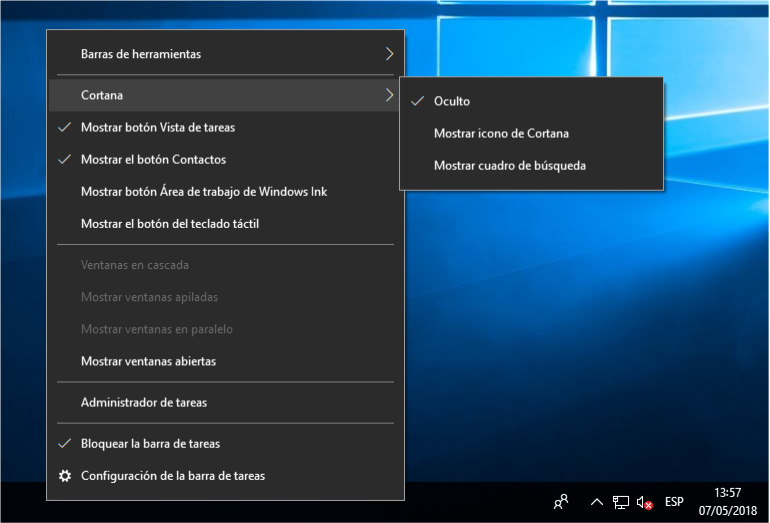 Ocultar Cortana en Microsoft Windows