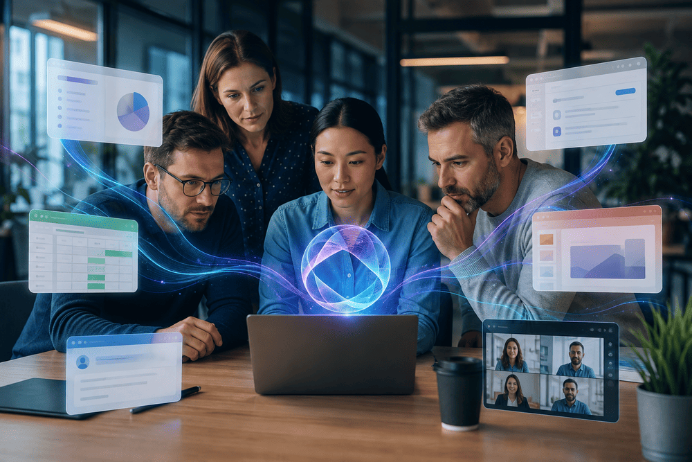 Equipo de oficina colaborando con un asistente de inteligencia artificial y aplicaciones de productividad